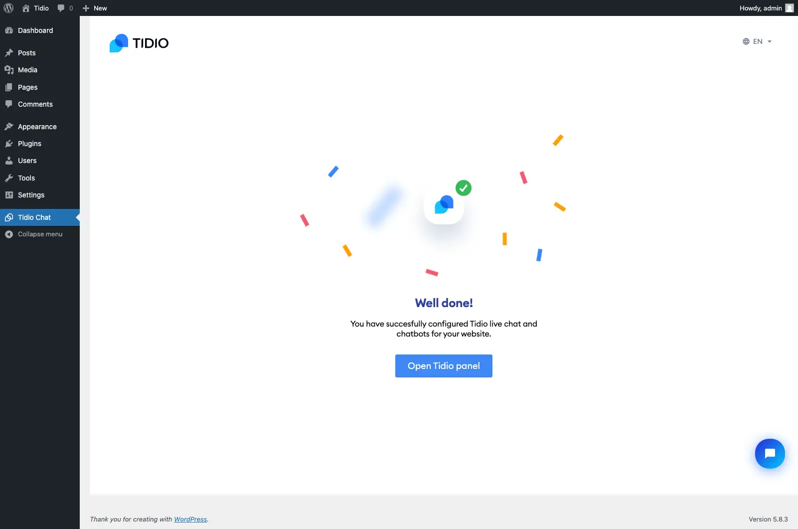 התקנת Tidio על WooCommerce לניהול חנויות אונליין 6 screencapture-wordpress-tidio-dev-wp-admin-admin-php-2022-01-18-16_05_41.png