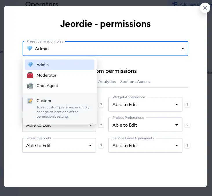 ניהול הרשאות (Permissions) בצ'אט בוטים של Tidio 4 permissions 2024-04-10 at 15.30.17.png
