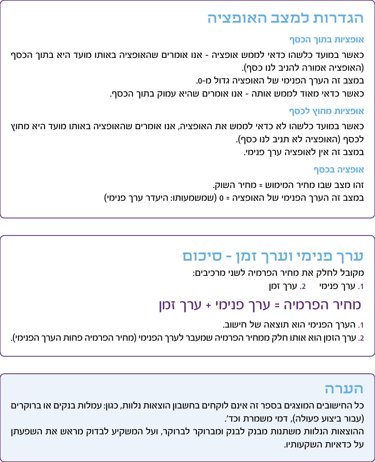 השלמות ומונחים: ערך פנימי וערך הזמן 8 טבלת אופציות