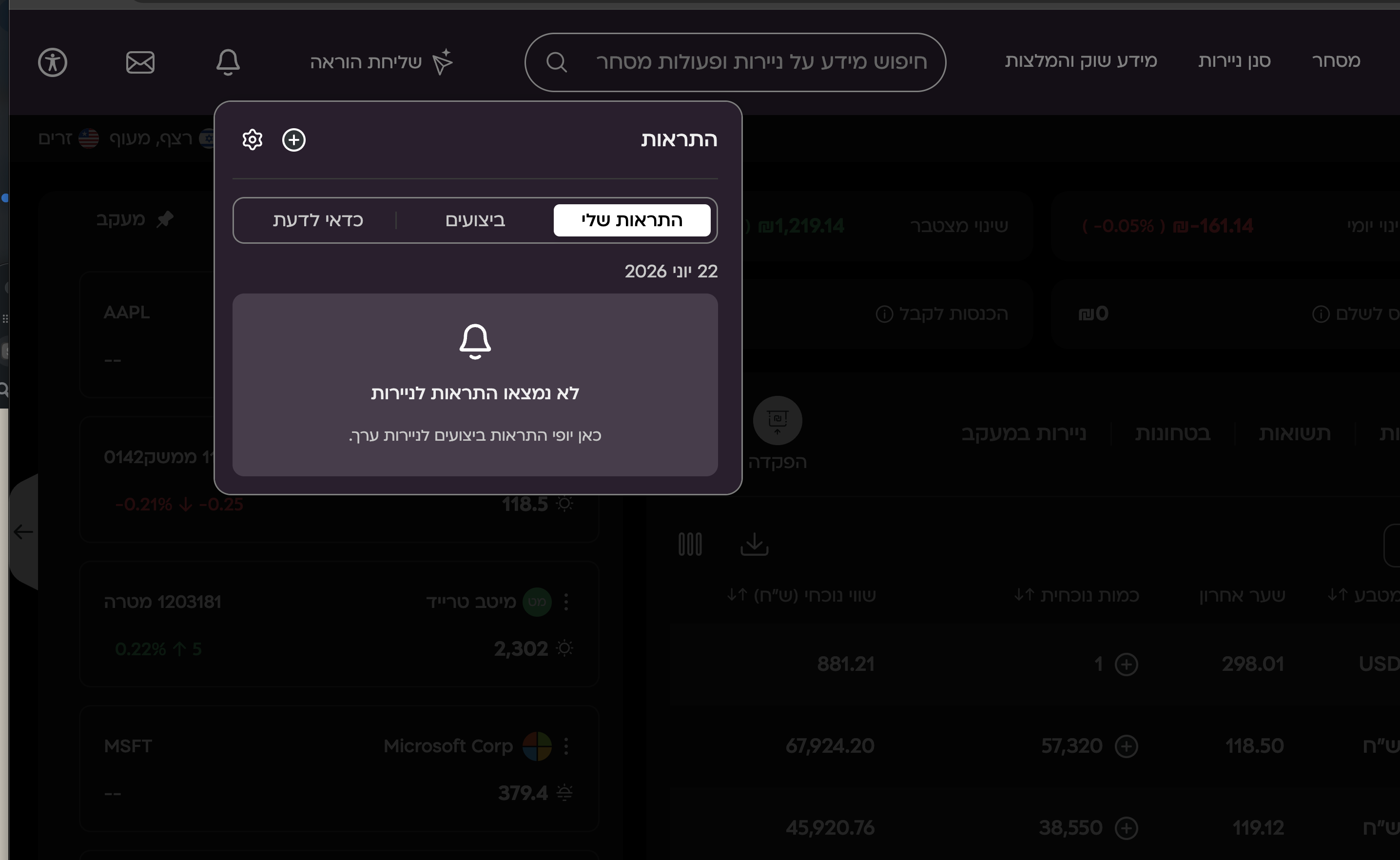 התראות במיטב-טרייד — שתגיד לך הפלטפורמה מתי לבדוק, במקום שתשב ותרענן 1 פאנל התראות פתוח עם שלוש לשוניות וכפתור הוספה