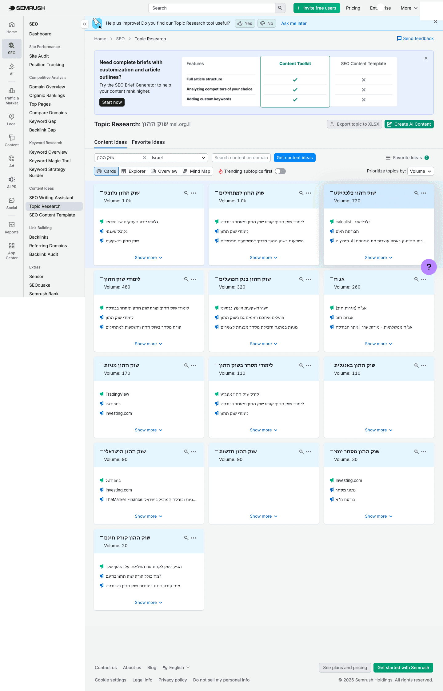 SERP Features ו-AI Overviews ב-Semrush — איך להופיע בתוצאות המיוחדות של גוגל 4 מסך Topic Research ב-Semrush