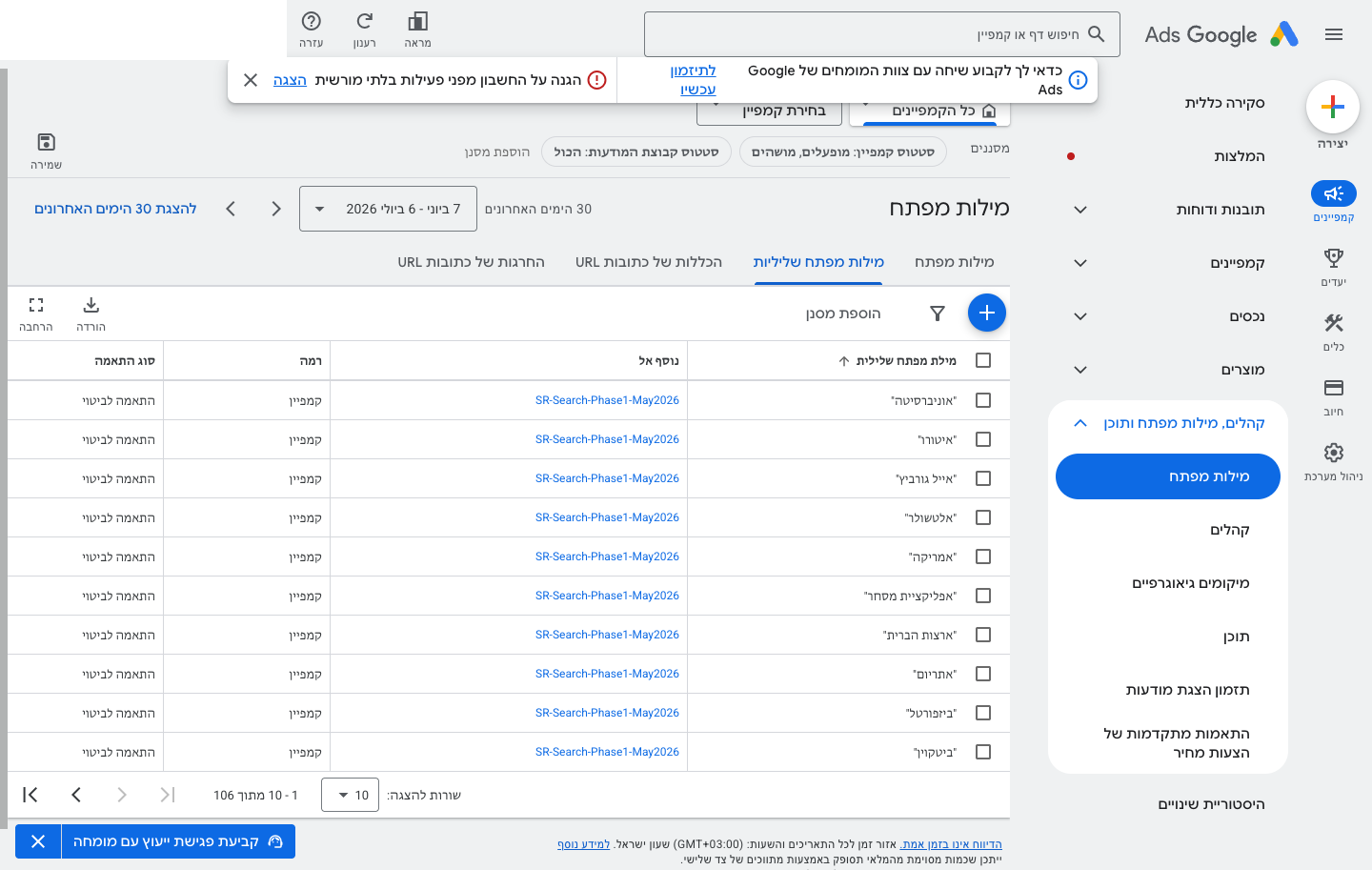 ניהול וניטור קמפיינים ב-Google Ads — מעקב שוטף ובדיקות 3 מסך הגדרת מילות מפתח שליליות ב-Google Ads