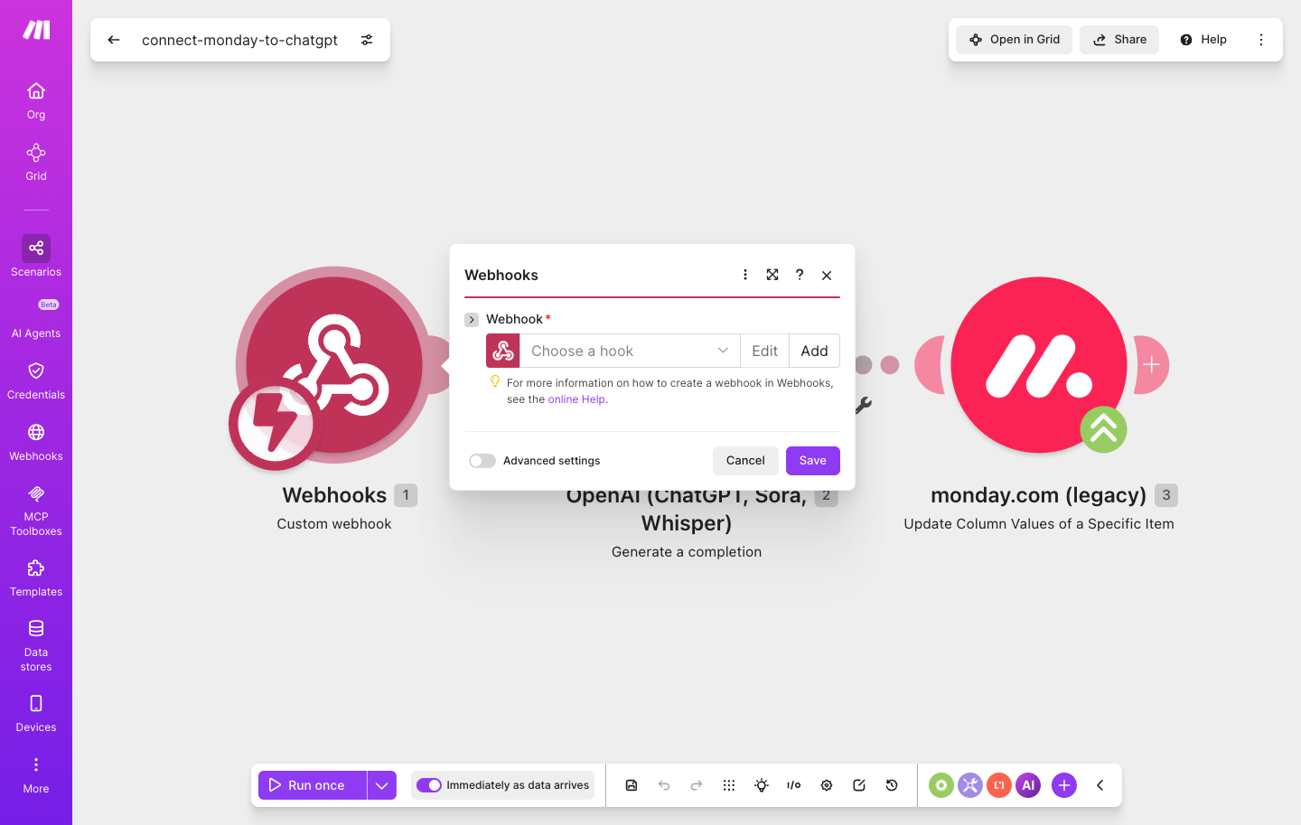 איך מחברים monday.com ל-ChatGPT — טיוטת-מענה שכבר מחכה בלוח 2 פאנל הטריגר — Custom webhook