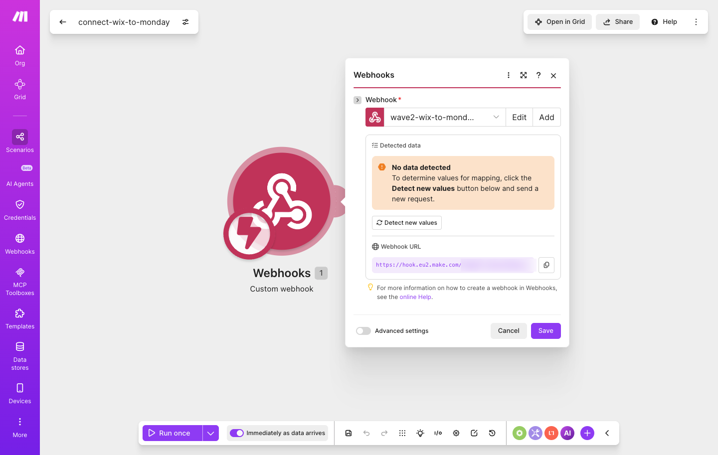 איך מחברים Wix ל-monday.com — ליד מהאתר ישר ללוח 2 פאנל הטריגר — Custom webhook עם כתובת ה-URL לחיבור טופס ה-Wix