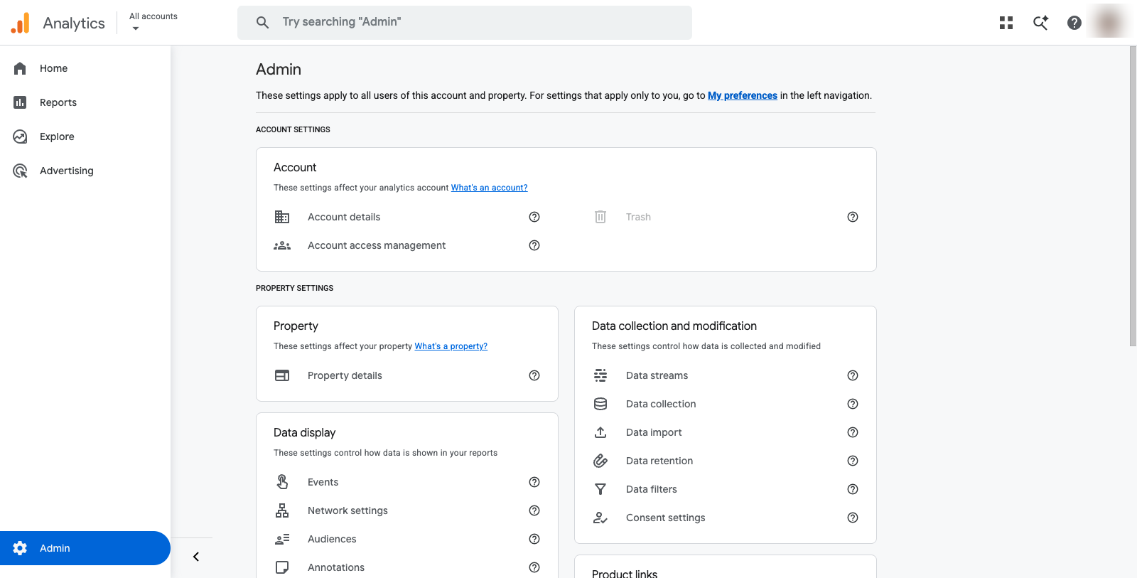 המדריך המלא ל-Google Analytics 4 (GA4) למתחילים — לבעל העסק הישראלי 1 צילום מסך של ממשק GA4 עם ארבעת אזורי התפריט הצדדי