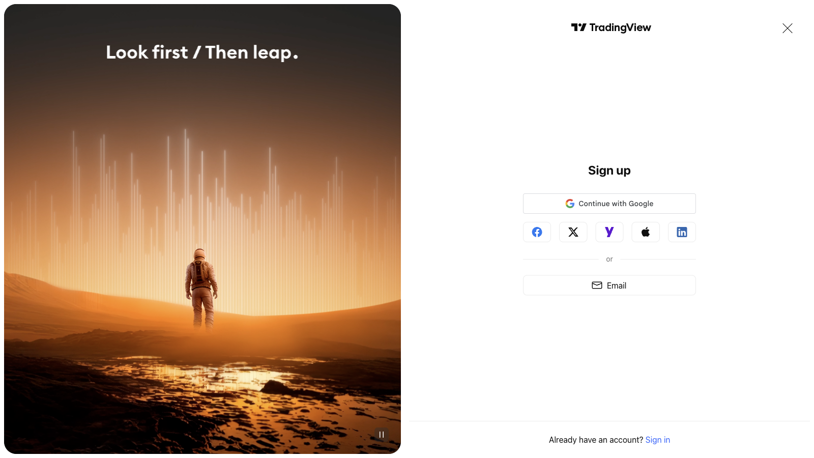 איך נרשמים ל-TradingView — מדריך פתיחת חשבון למתחיל 1 צילום מסך של דף ההרשמה ב-TradingView המציג את אפשרויות הרישום (אימייל, גוגל, אפל)