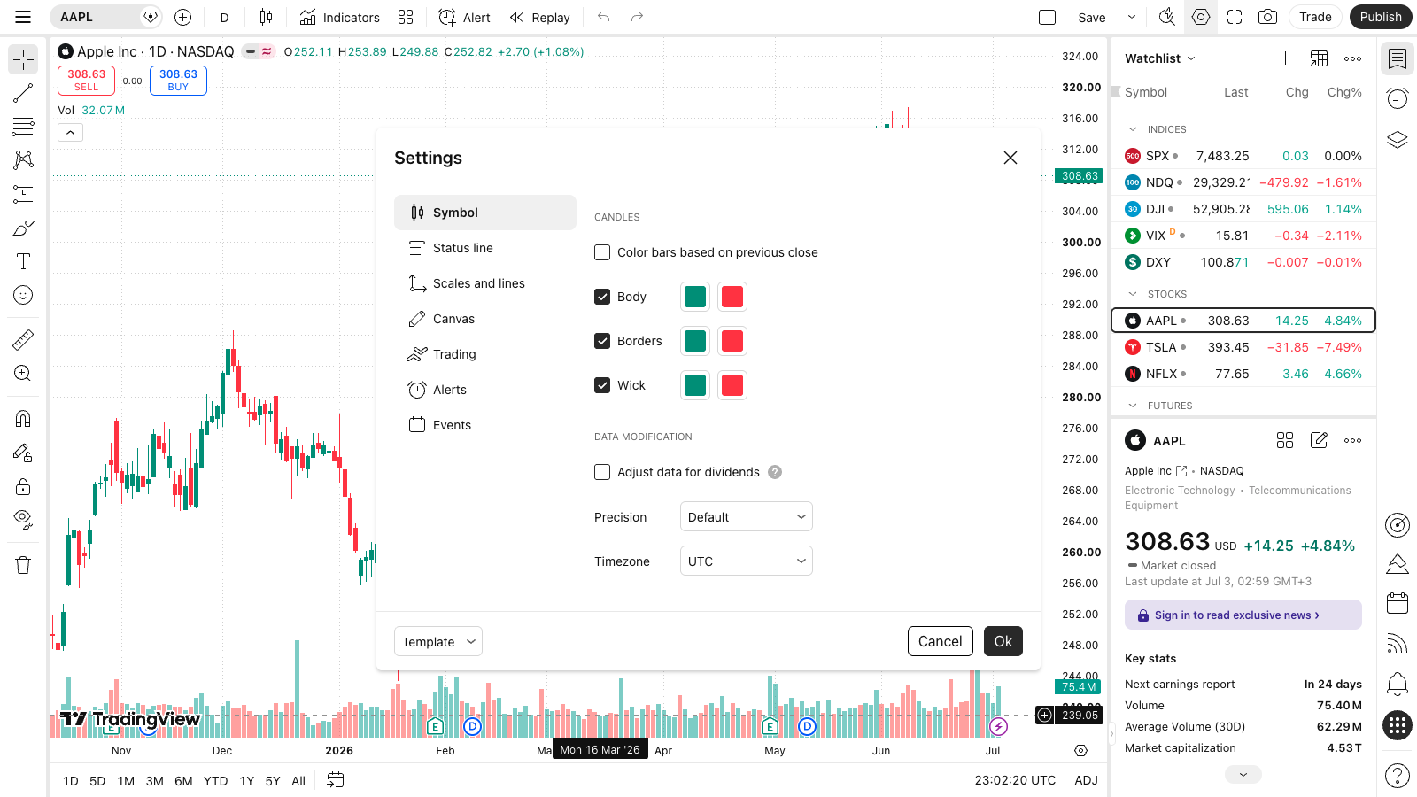 עריכת צבעי גרף ונרות ב-TradingView — התאמה אישית 1 צילום מסך של חלון ה-Settings של הגרף ב-TradingView, עם הלשוניות והאפשרויות לבחירת צבע נרות, ויק, רקע