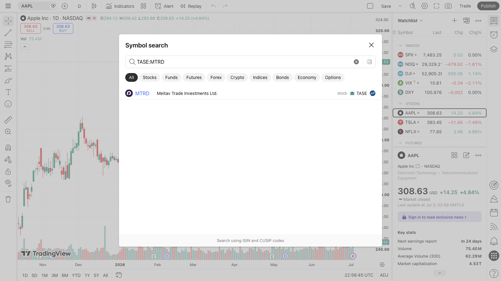 חיפוש סימולים ב-TradingView — מניות ישראליות ובינלאומיות 1 צילום מסך של שורת החיפוש ב-TradingView בזמן הקלדת TASE:MTRD, עם רשימת התוצאות המיידית המציגה את שם ח