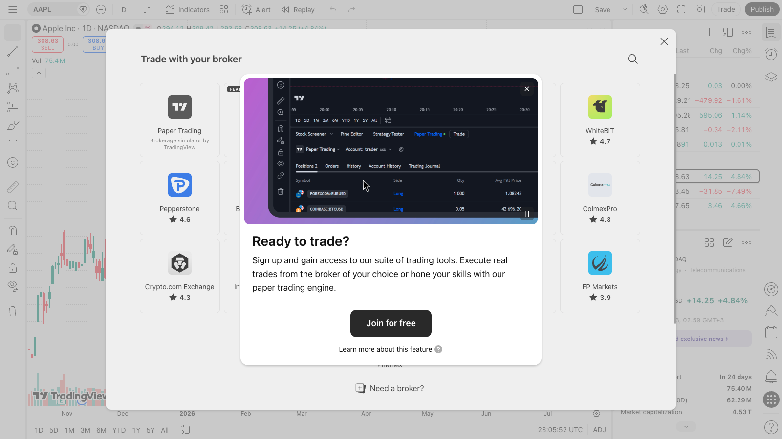 פאנל המסחר ב-TradingView — מסחר ישיר מהגרף 1 חלון בחירת ברוקר ב-TradingView עם רשימת ברוקרים לחיבור והזמנה להתחיל לסחור