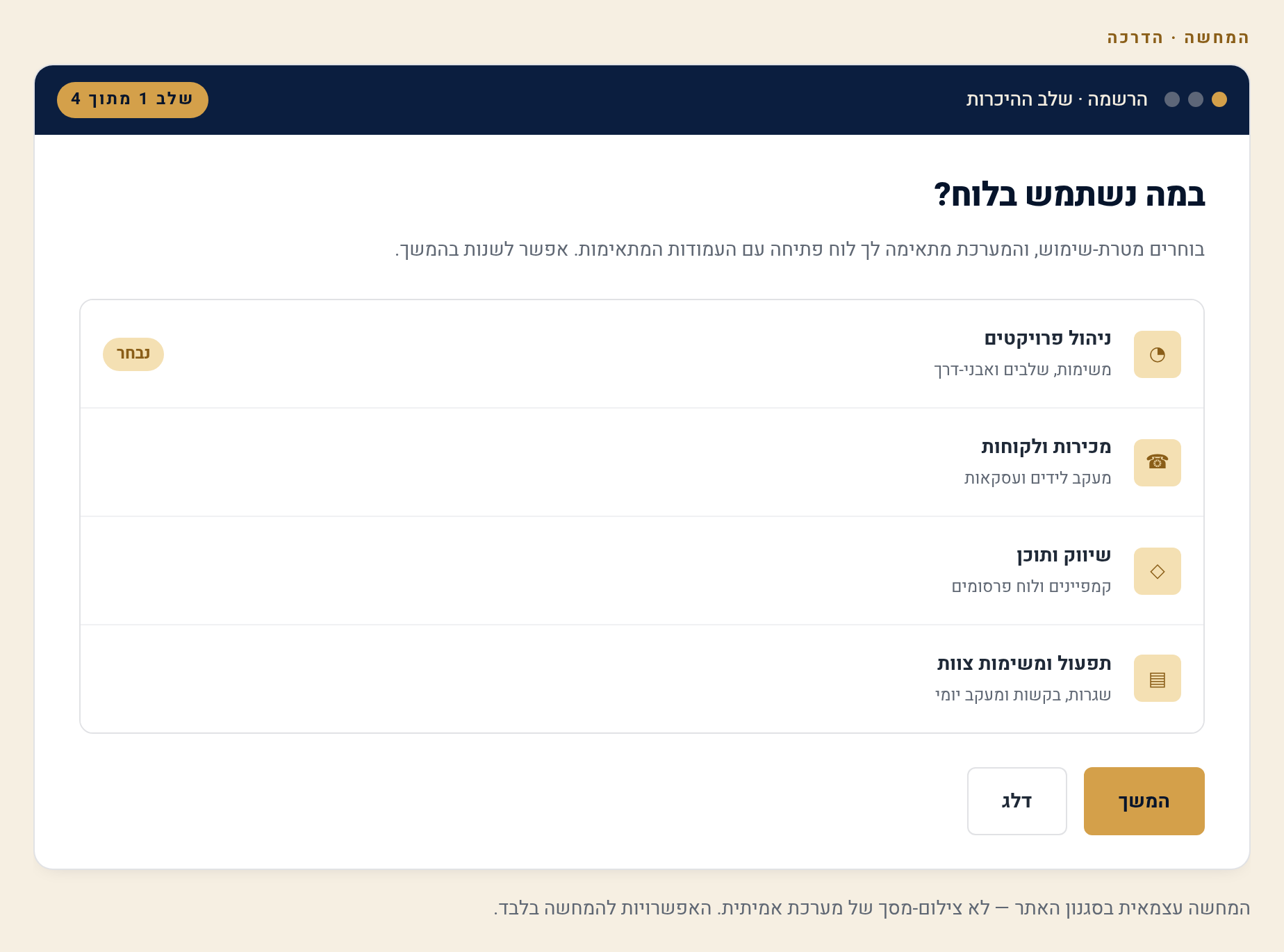 הרשמה והגדרה ראשונית ב-monday — סביבת-העבודה הראשונה שלך 1 מסך ההרשמה: בחירת מטרת-שימוש (המחשה)